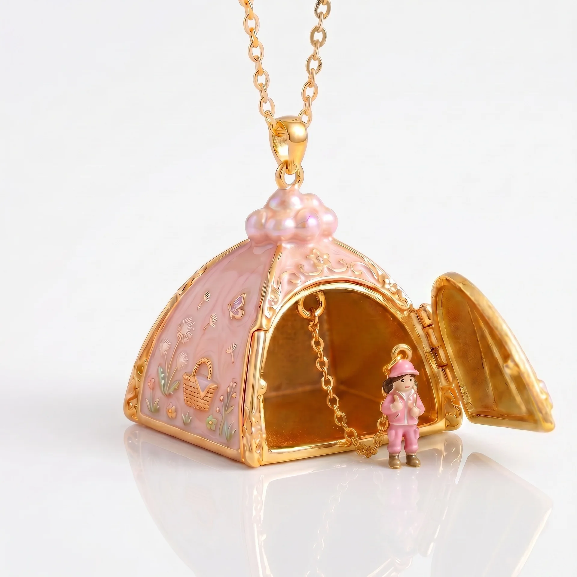 Opening and Closing Enamel Figurine Tent Necklace Camping Picnic Cloud Flower Box Necklace for Women Geometric Pendant Necklace