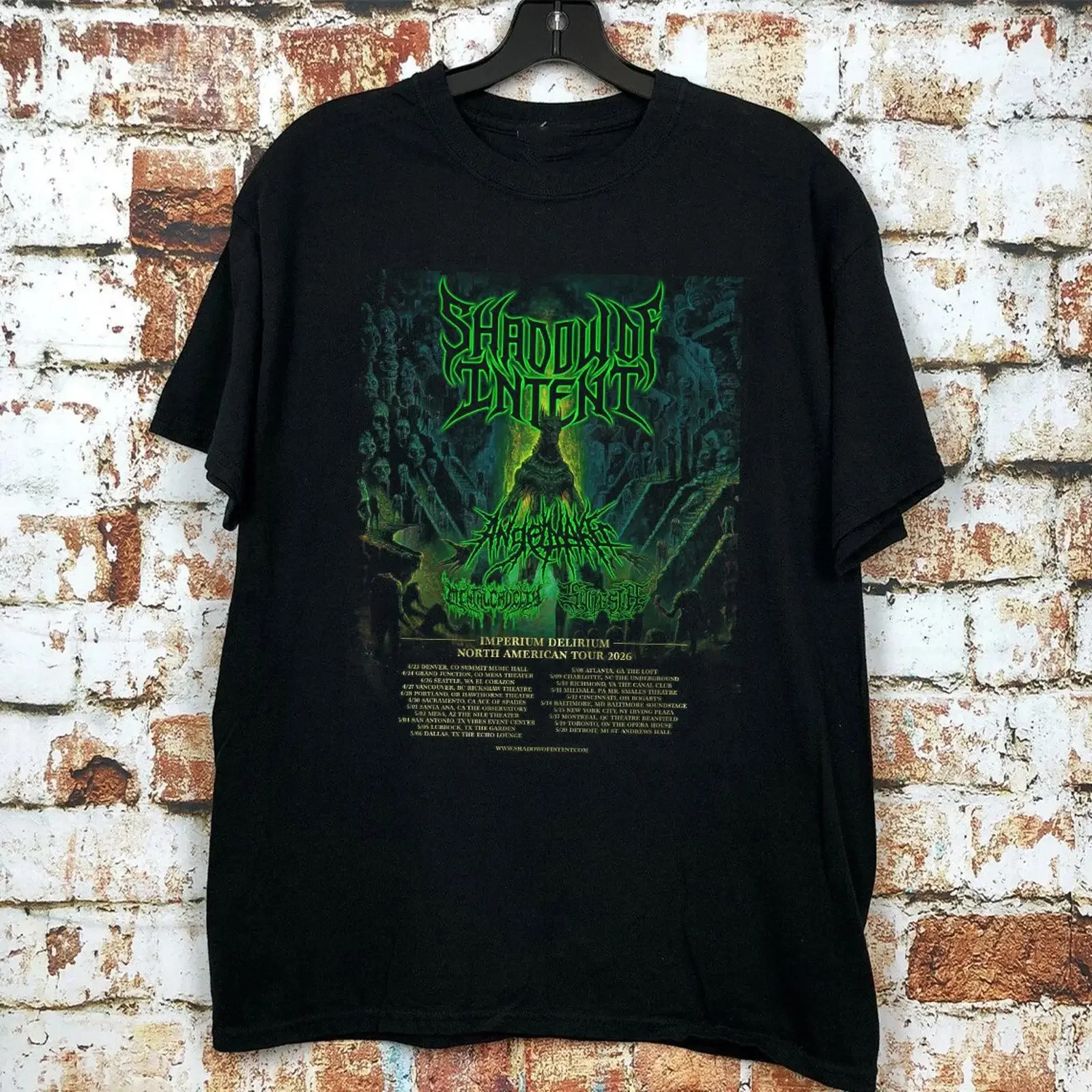 Camiseta Shadow of Intent Imperium Delirium North American Tour, talla única S-5XL, estilo vintage lavado, ligeramente elástica
