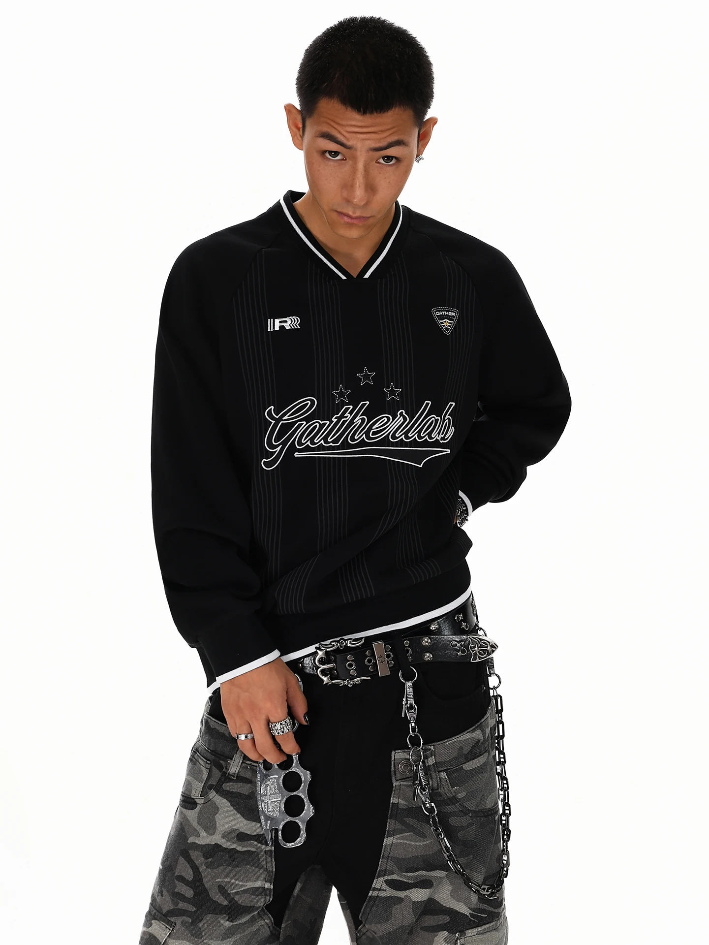 BETEBULE American High Street Embroidered V-neck Sweatshirt Men's Spring New Casual Versatile Top Quality Streetwear