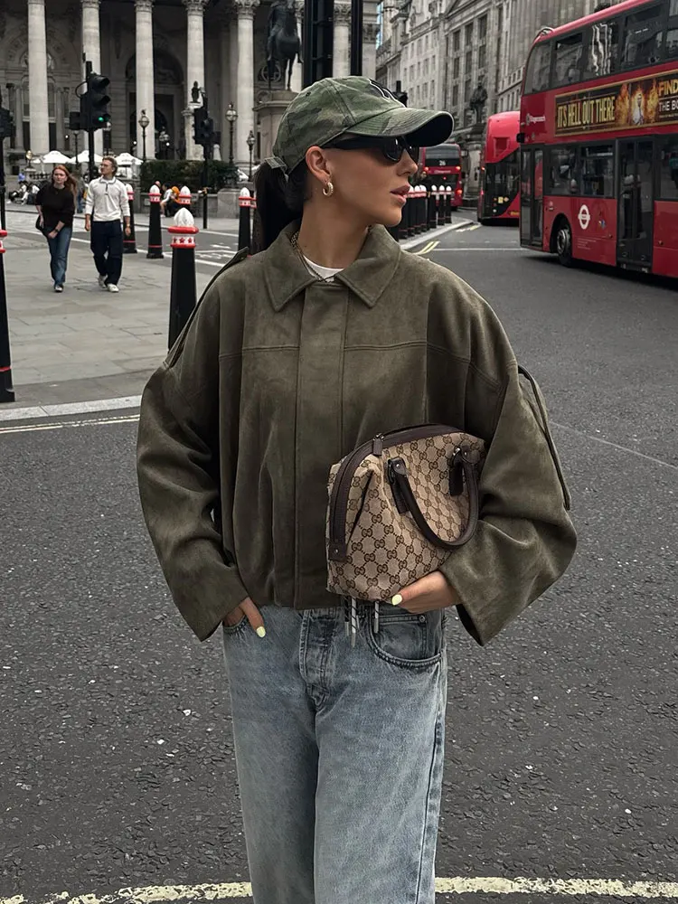 HH الخريف المرأة فضفاضة عادية كبيرة الحجم سترة خمر الصلبة سحاب أكمام طويلة معطف من جلد الغزال موضة جديدة الإناث Y2K الشارع الشهير