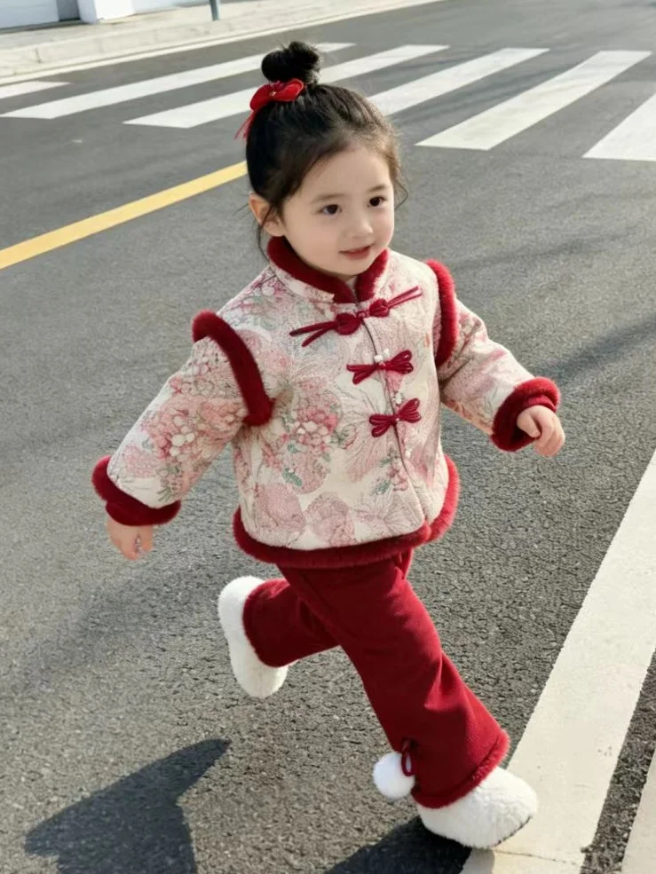Girls New Year's Outfit Thiened Winter Set Traditional Chinese Sle Red Color for Baby Girls Ages 6 Months to 8 Years