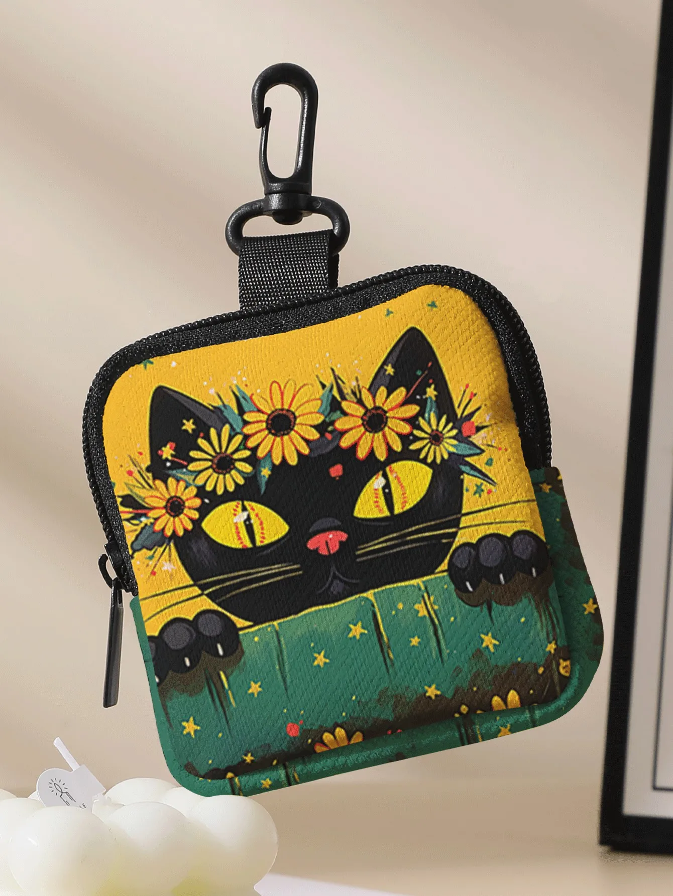 1pc, Portable coin purse with black cat sunflower patterns, small storage bag for coins and accessories