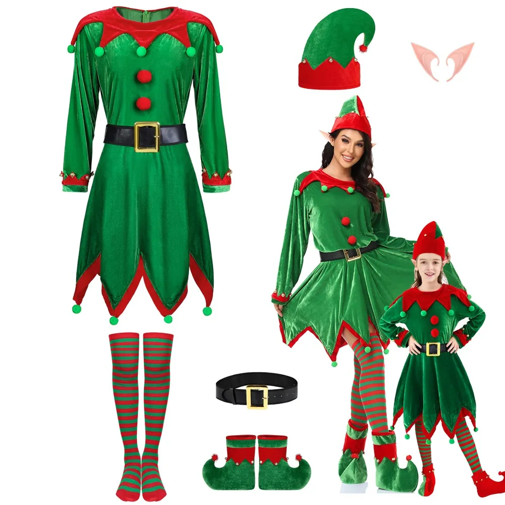 

6 Pack Christmas Elf Costume Velvet Green Girl Fancy Dress Parent-Child Santas Little Helper Family Matching Outfits