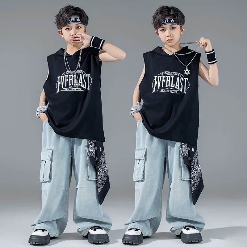 

Jazz Street Dance Costume Boys Summer Black Tops Hoodie Denim Pants Hip Hop Set Teen Dancer Stage Outfit Cool Streetwear