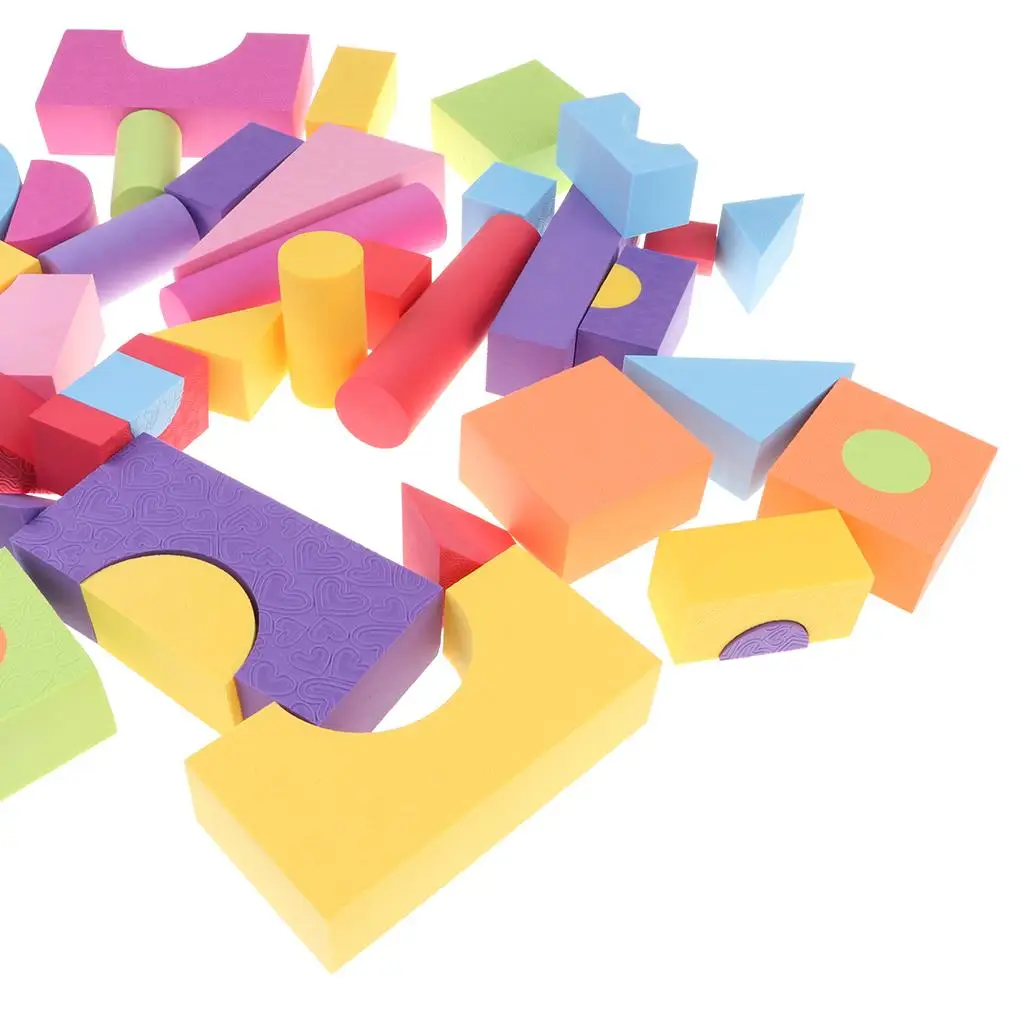 Baby Developmental Toys 50 Piece EVA Foam Geometric Building Blocks for Color and Shape Recognition