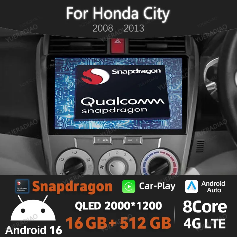

Android 16 Car Radio For Honda City 2008 2009 2010 2011 2012 2013 - 2016 Qualcomm Multimedia Video Player BT 2DIN 4G WIFI QLED