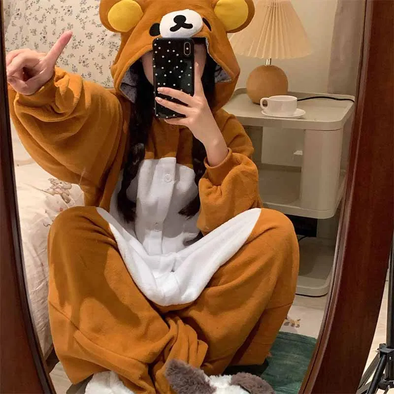 

Милая Пижама с капюшоном Rilakkuma женская зимняя утепленная теплая Домашняя одежда из кораллового флиса с мультяшным рисунком Рождественский подарок для девочки