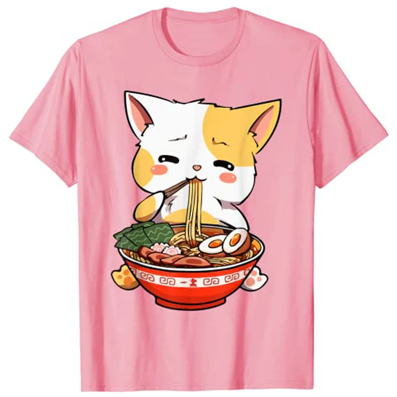 Ramen Cat Kawaii Anime Japanese Food Girls Official Teenager T-Shirt Harajuku Graphic Tee Tops Kitten Eat Noodles Novelty Gift
