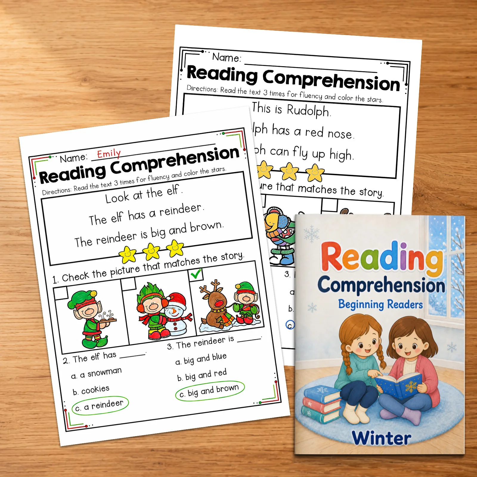 Winter Reading Comprehension Workbook, Simple Stories, Fluency, Picture Matching and Question Activities for Beginners