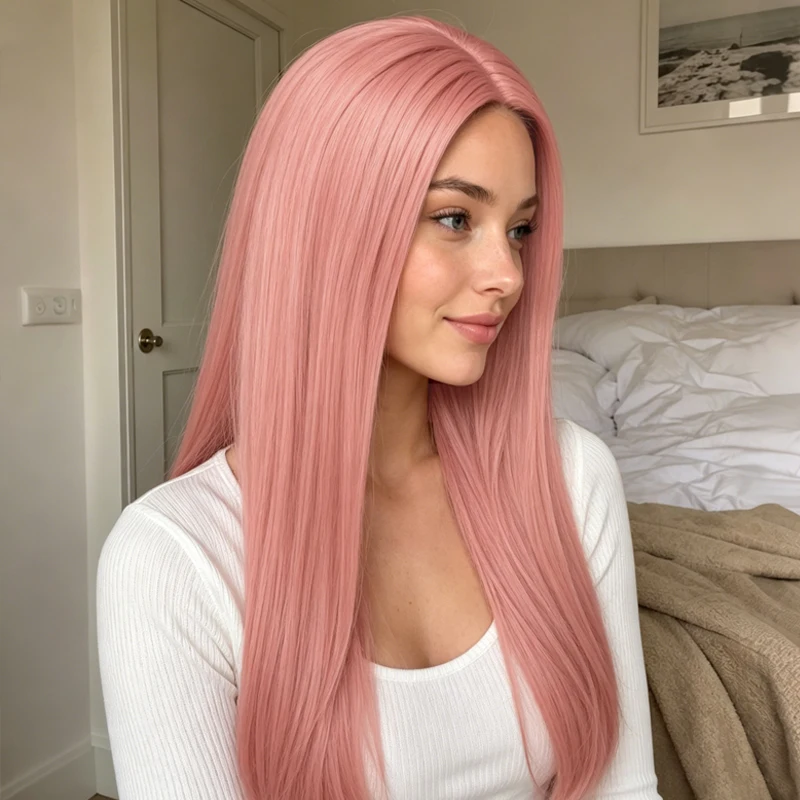 28-inch pink smooth long straight wig, synthetic fiber center parting, suitable for casual everyday wear.