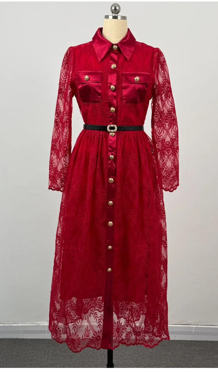 여성용 드레스 신상 긴 소매 턴다운 칼라 레이스 여성 드레스 우아한 슬림 레드 드레스 여성 여름 드레스 Q1954