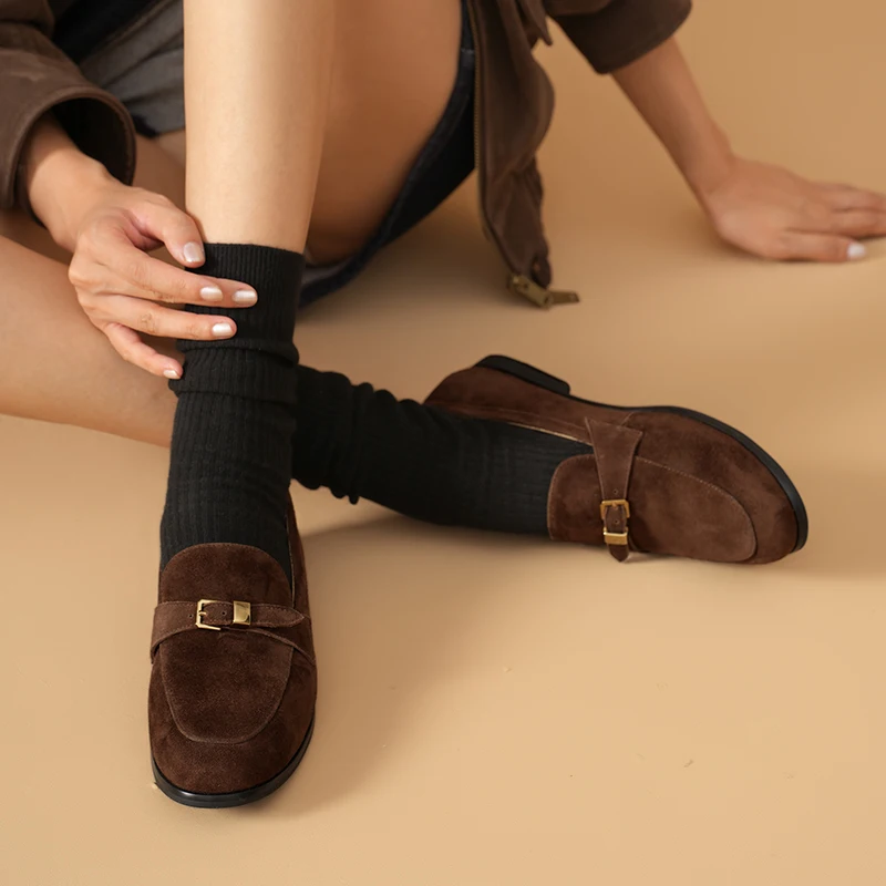 BEAUTODAY Retro Loafers Women Cow Suede Leather Round Toe Metal Buckle Strap Sewing Slip-on Flats Ladies Shoes Handmade 26325