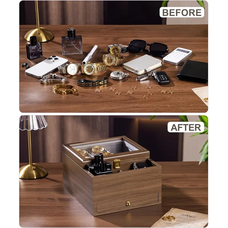 صندوق ساعة منظم مجوهرات للرجال مع علبة ساعة زجاجية حقيقية للخاتم والسوار والساعة والقلادة والأقراط والإكسسوارات