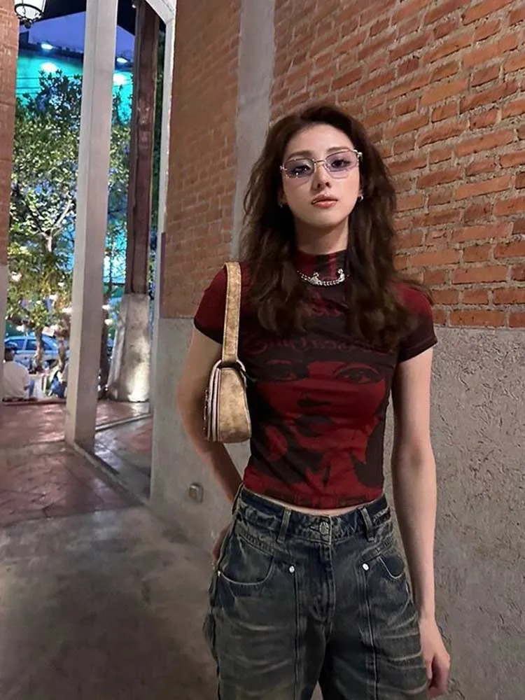 

American Hot Girl Style Short Sleeve Printed T-Shirt Women's Summer Slimming Base Layer Short Top Commute Style round Neck