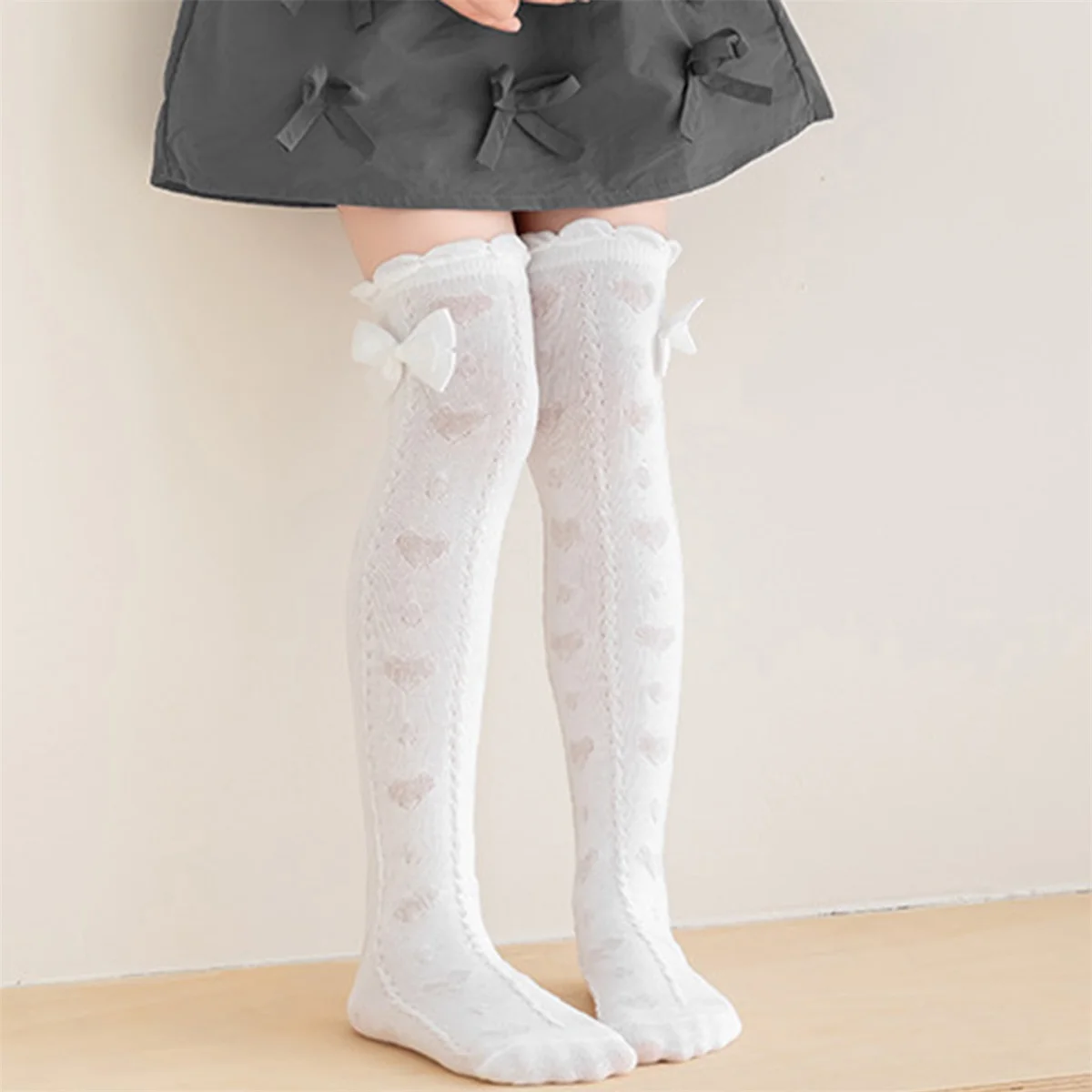 جوارب طويلة للفتيات فوق الركبة، جوارب طويلة أنيقة بلون سادة مكشكشة مزخرفة للأطفال #2