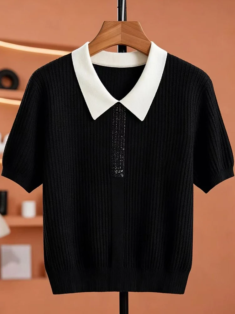 

Elegant Black White Color Block Knitted Shirt Women Summer 2026 New Versatile Slimming Rhinestone T Shirt Top