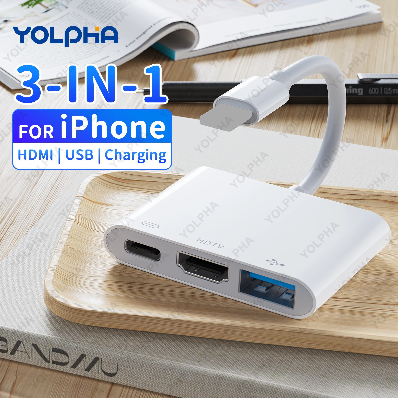 Multi-Port HDMI Adapter for iPhone HDTV Charging Converter OTG Adapter for Meeting Movie Gaming Projector Video Cable Adapter