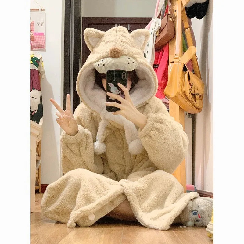 Cute Cartoon Coral Velvet Hooded Pajamas Robe Women Winter Thickened Plush Homewear Night Gown Kawaii Girls Sleepwear Bathrobe