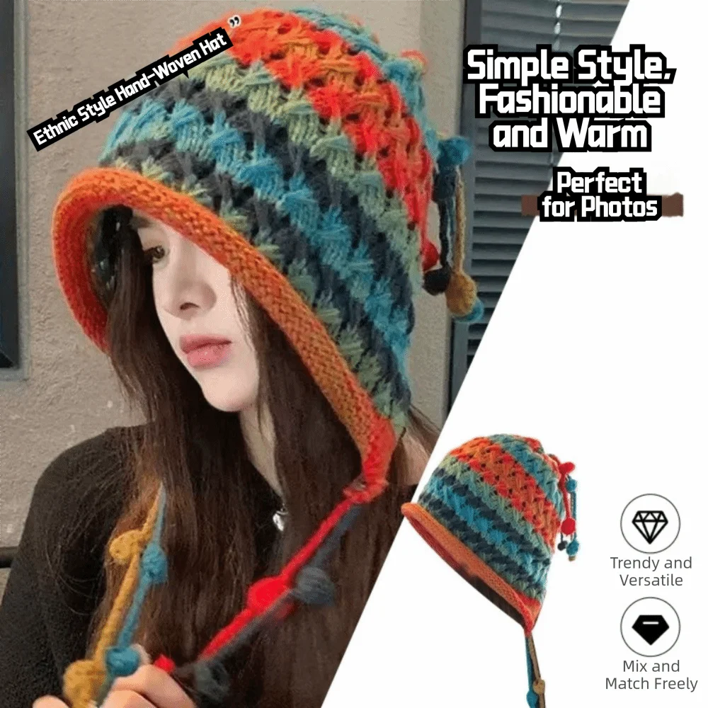 Fashion Rainbow Striped Knitted Woolen Hat Tassel Windproof Beanie Hat Ethnic Style Thickened Winter Bomber Cap for Women