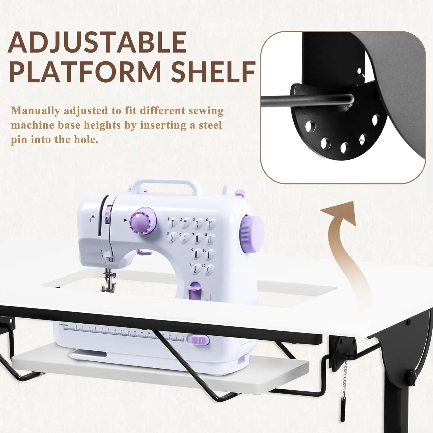 

Folding Sewing Table, Multipurpose Sewing Machine Table with Adjustable Shelf, Measuring Scale Marks (Warm White)
