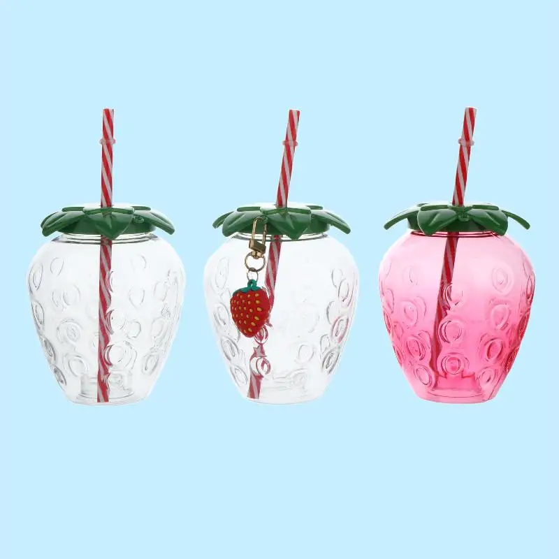 Strawberry Themed Plastic Cup with Straw Lightweight Drinking Bottle for Outdoor Activities