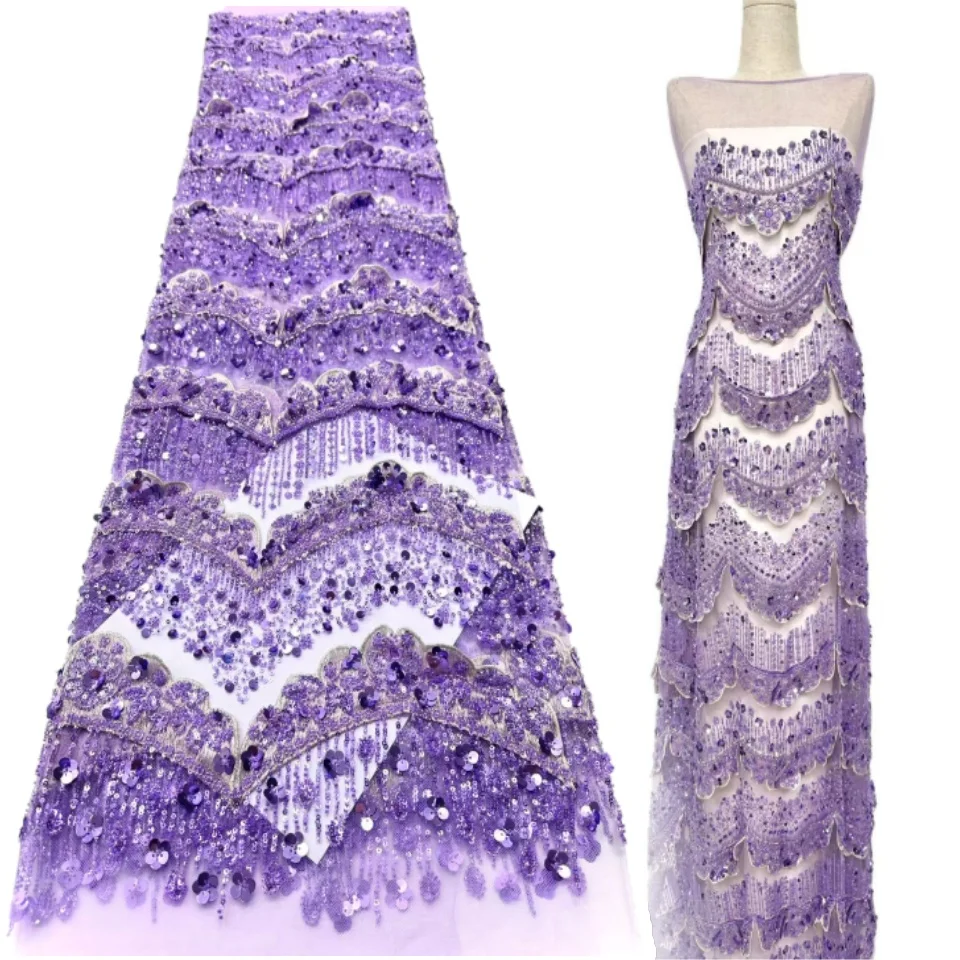 

Big Wave Flower Crystal Sequined Bead Embroidery Fabric 2025 Nigerian African High Quality Lace Fabric for Wedding Dress SZ1481