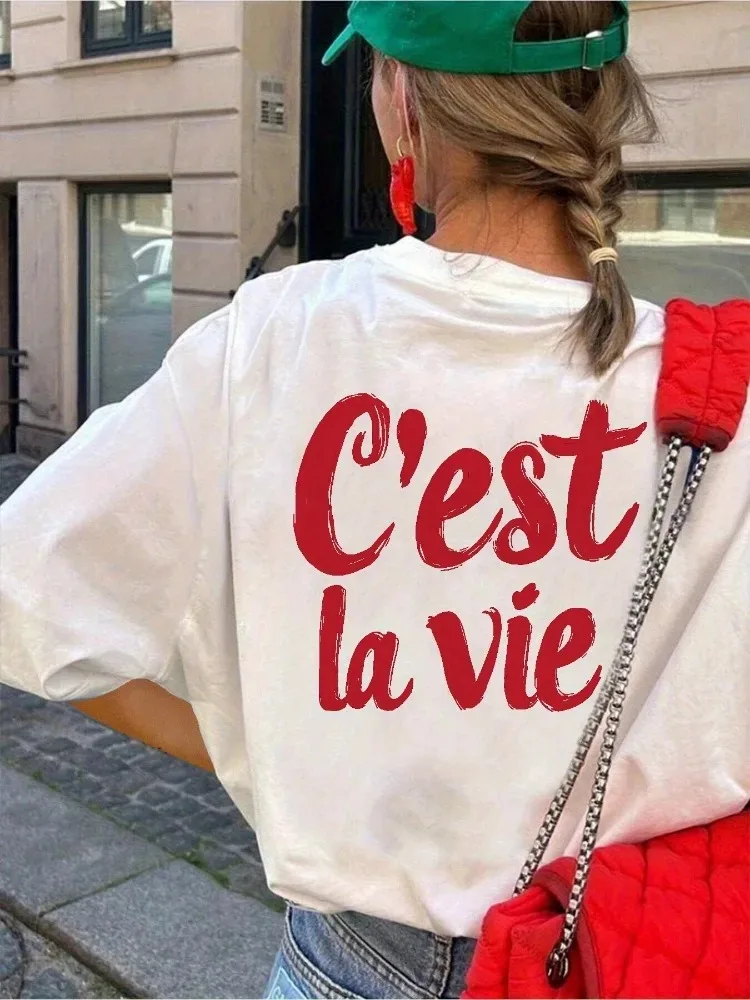 French C'est La Vie Letter Print T Shirt Women Summer Casual Short Sleeve Graphic Tee Streetwear Loose White Top Harajuku Style