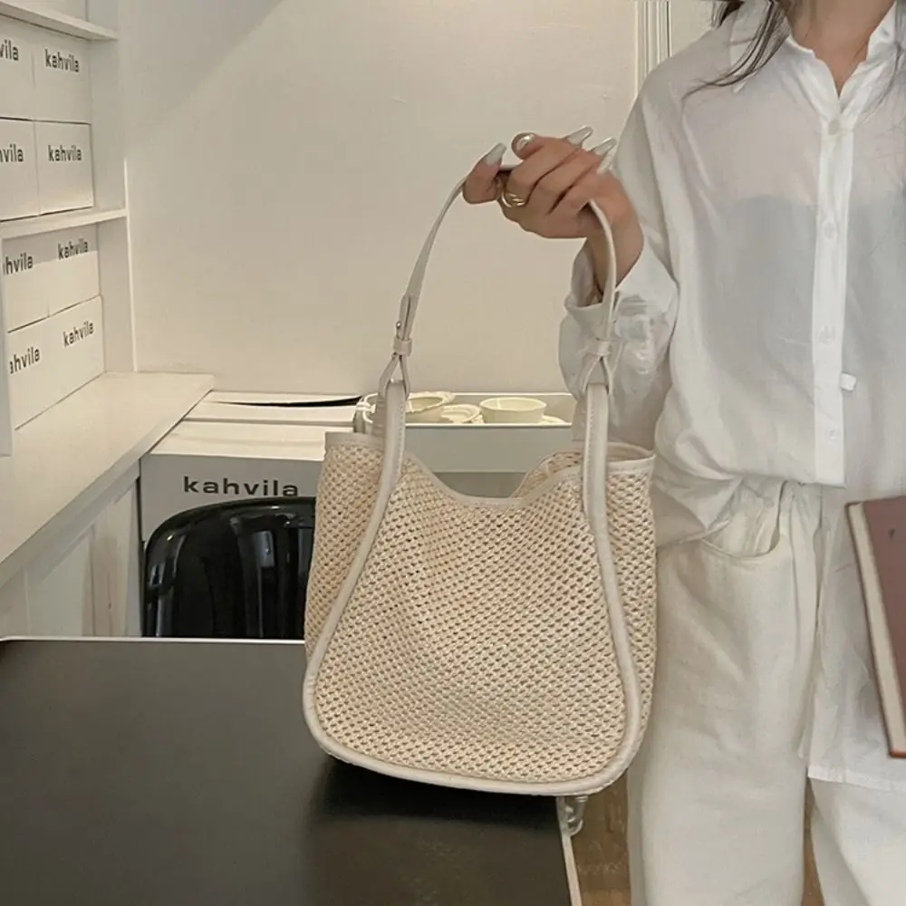 Woven Straw Bag Fashion Large Capacity Leather Handles Underarm Bag Bohemian White Beach Bucket Bag