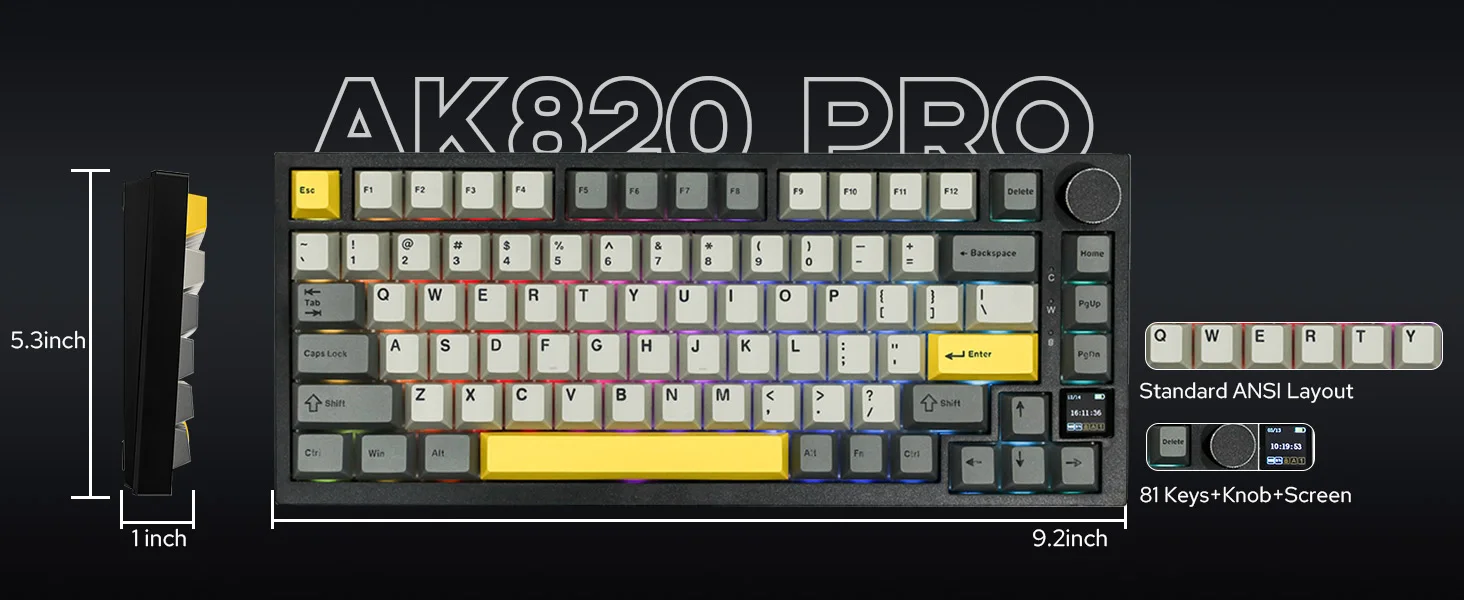 Ajazz AK820 Pro 75 % an der Dichtung montierte Bluetooth 5.1/2.4G kabellose/kabelgebundene mechanische Tastatur mit TFT-Bildschirm für Mac/Win – Detail 1