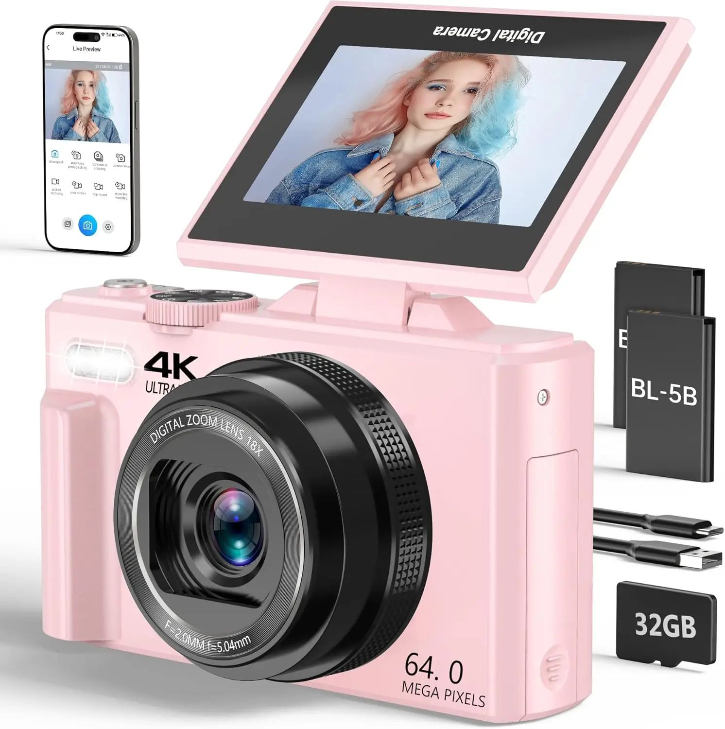 4K Vlogging Camera with Flip Screen, 64MP for Photography and YouTube, 18X Zoom, Includes 32GB SD Card for Beginners