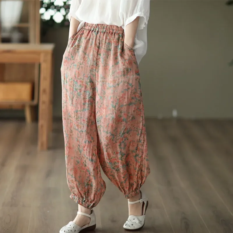 

2024 New Printed Linen Pants Women Elastic Waist Loose Lantern Trousers Literary Flower Loose Harem Pants