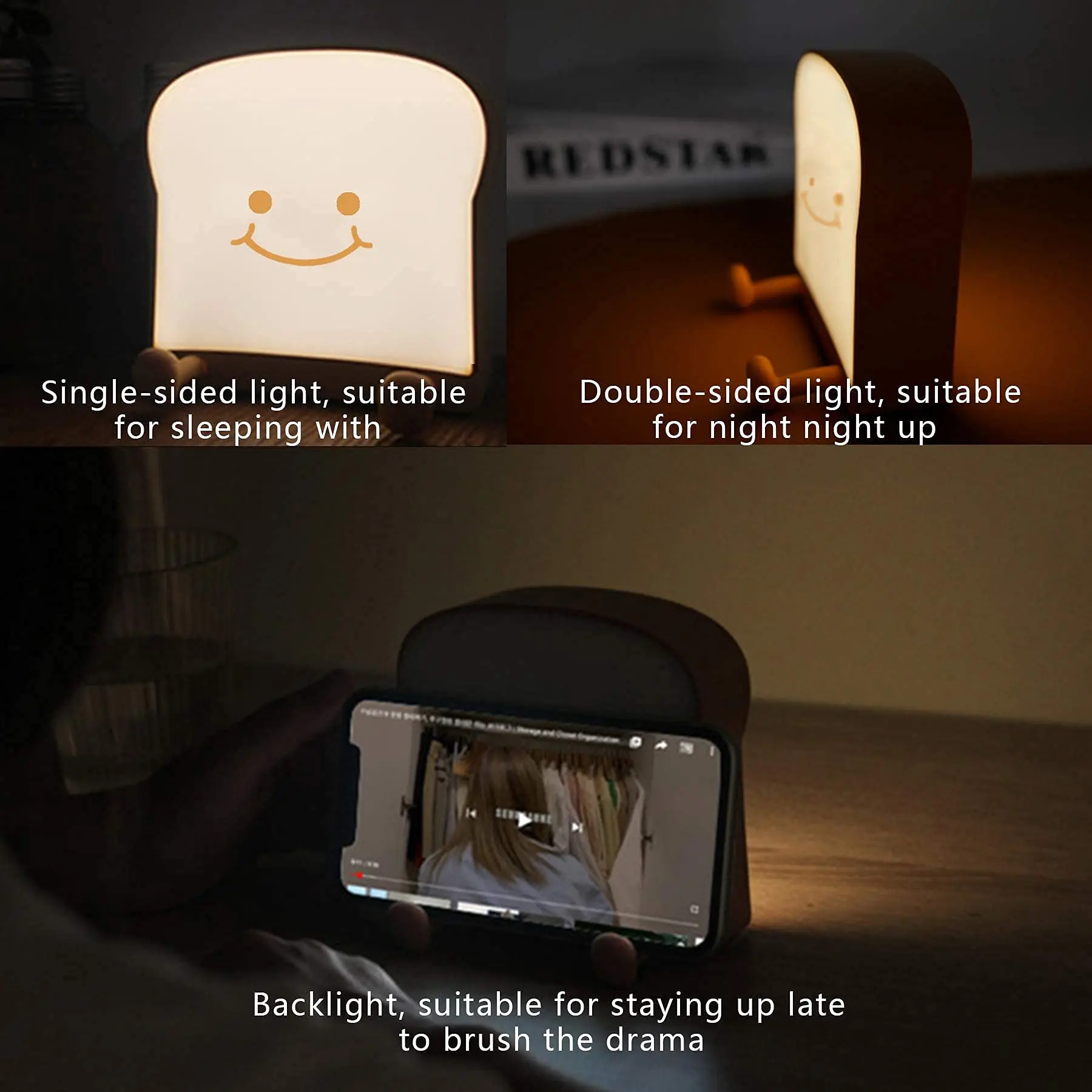 Toast Bread Night Light USB Rechargeable LED Night Lamp Tap Light for Kids Children Gifts Nightlight Bedroom Decor Bedside Lamp