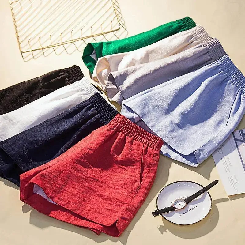 New Summer Hot A Line Loose Casual Shorts Women Elastic High Waist Cotton Linen Wide Leg Shorts Female Split Solid Sports Shorts