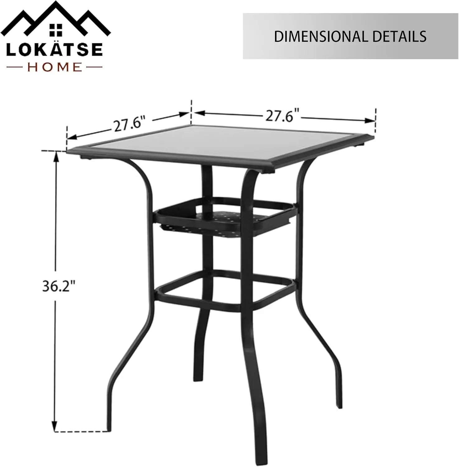 High Outdoor Patio Bar Height Glass Top Table, Black