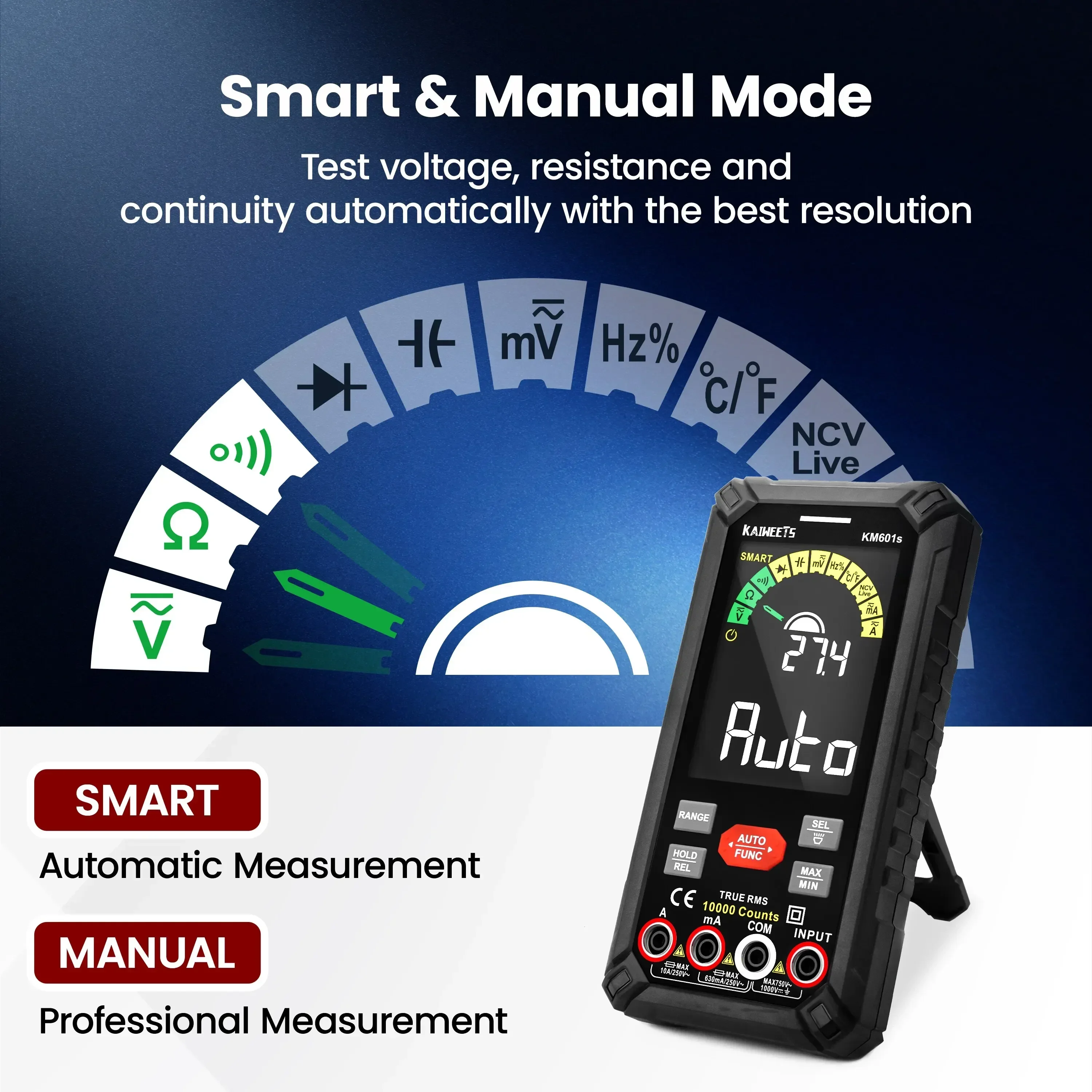 Intelligent Rechargeable Multimètre 10000 Compte Auto Gamme Ture RMS 1000V 10A Testeur Ohm Hz Capacité PCI Multimètre Numérique