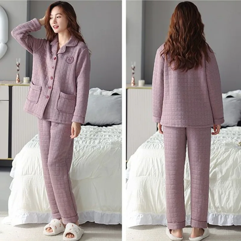 2023 New Pajamas Autumn Winter Sandwich Air Cotton Loungewear Middle-aged Padded Plus Size Cotton Sleepwear Suit Loose Homewear