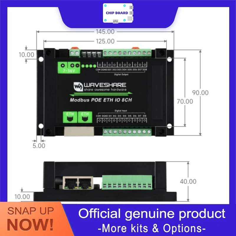 

Waveshare 8CH Ethernet I/O Expansion Module, PoE Enabled, Industrial Isolation Circuit, Supports Modbus RTU and TCP