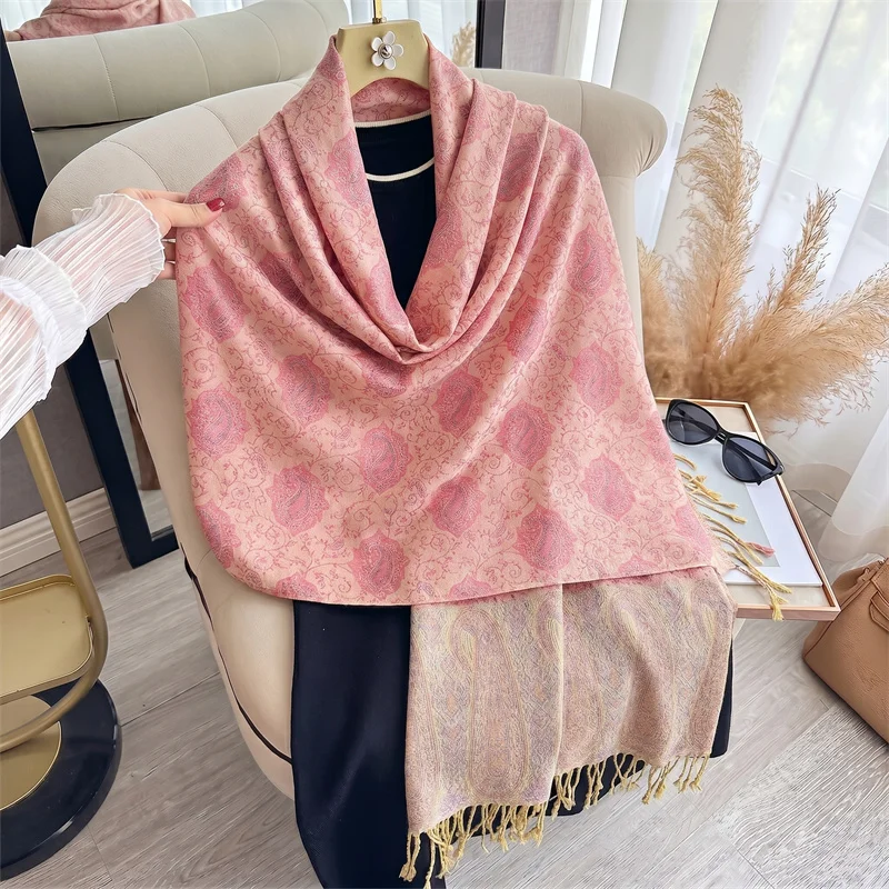 Blush Pink Vintage Paisley Jacquard Scarf Women Tassel Trim Shawl Wrap Palace Style Scarves For Autumn Winter Formal Event Gift view 5