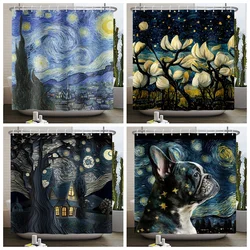 Van Gogh Abstract Art Oil Painting Shower Curtain Starry Night Scenery Bathroom Curtain Flower Tree Waterproof Bathtub Curtain