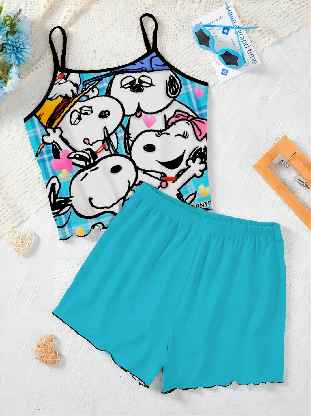 Slip Kleid Luxus elegante Frauen Sets Top Pyjama Rock T-Shirt Snoopy Salat Trim Stücke kurze Anzug Hosen Set Frau Chic Home