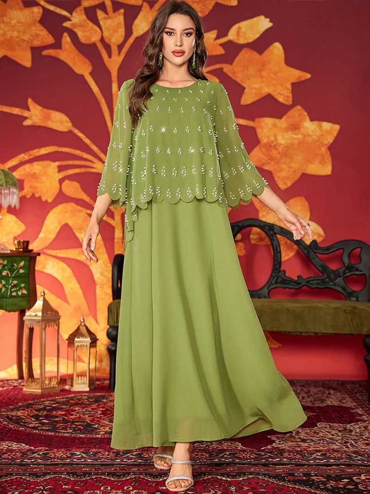 

Fashion Chiffon Beaded Abaya Dubai Kaftan Women Muslim Party Dress Eid Djellaba Turkey Caftan Marocain Femme Robe Islam Jalabiya