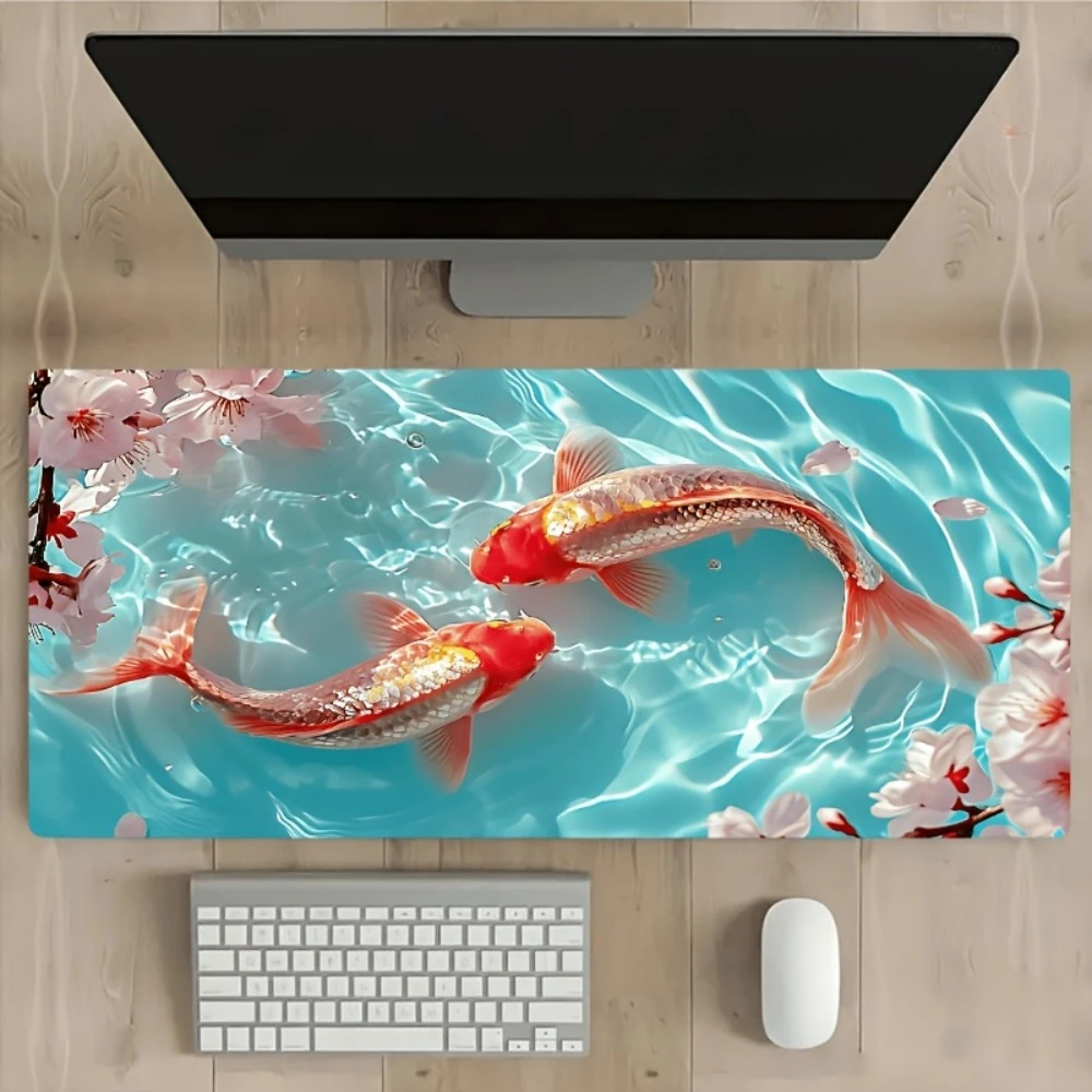 Koi Carp and Cherry Blossom Water Ripple Table Mat - Non-slip, suitable for office, gaming and computer accessories, rectangular