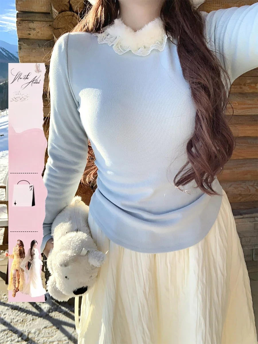 

Вязаный свитер Annie для женщин больших размеров с внутренней отделкой из флиса, воротником с плиссировкой и длинными рукавами, зимний, цветной