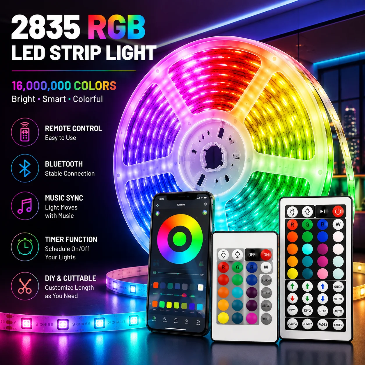 USB 2835 RGB LED Strip with Bluetooth & Remote Control 44 Music Sync Modes Million Gradient Colors Dimmable for Bedroom Festival
