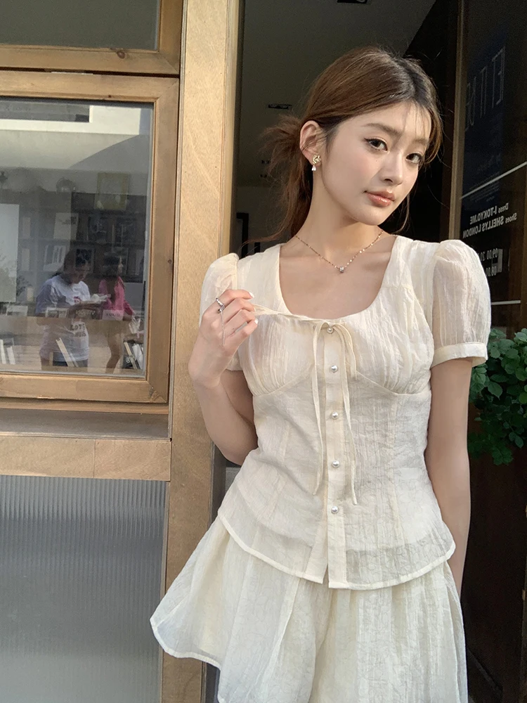 

Solid Color Women Spring Summer New Fashion Square Collar Short Sleeve A-line Pants Skirt Two Piece Set Female Clothing