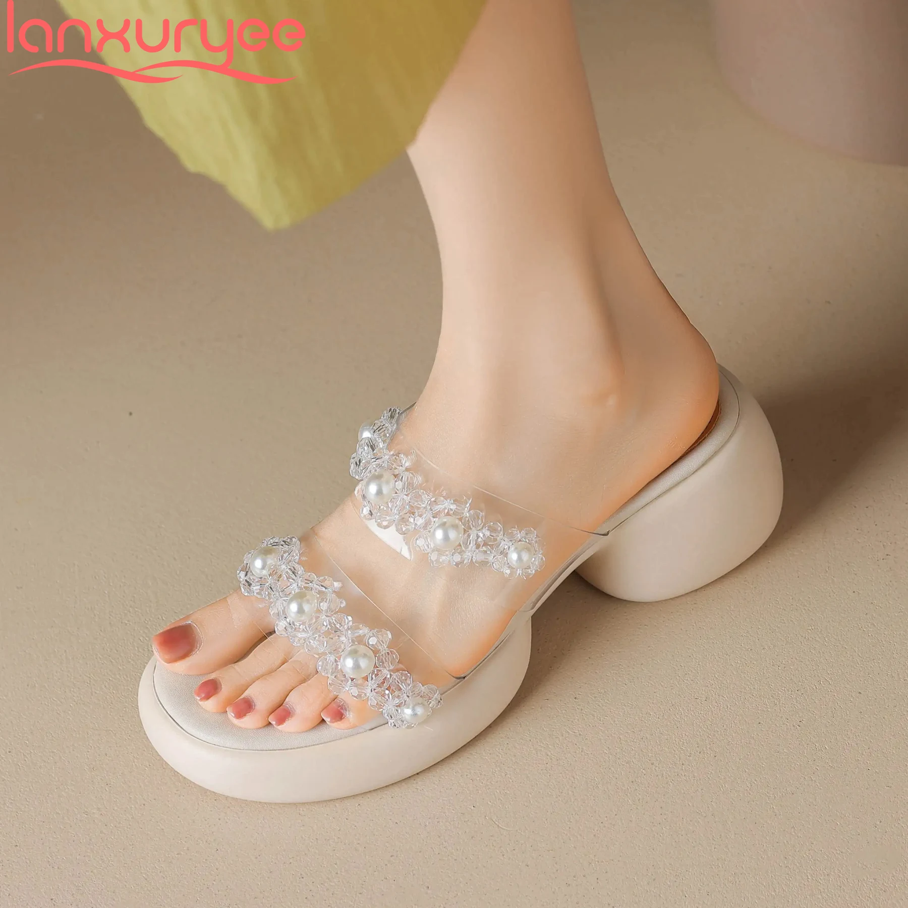 

Lenkisen Pvc Crystal Breathable Peep Toe Slip On Summer Shoes Slingback High Heels Casual Mules Sweet Ins Platform Women Sandals