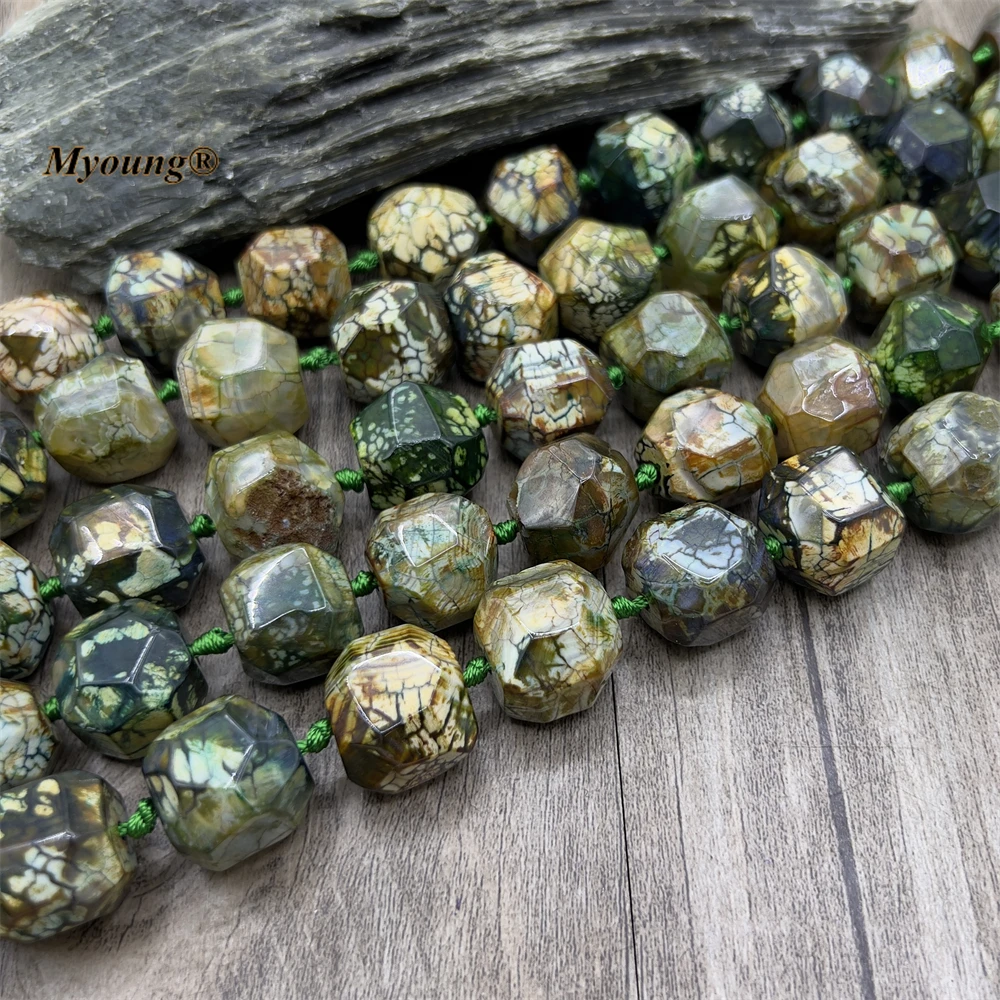 Large Faceted Green Dragon Veins Agates Cutting Nugget Stone Beads For DIY Jewelry Making MY230405