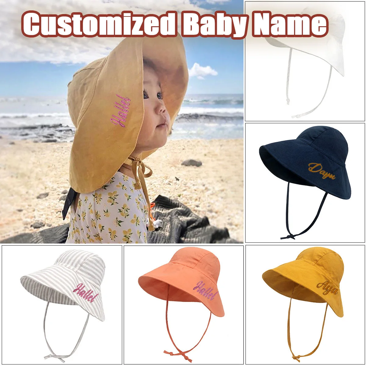 Personalized  Baby Sun Hat Summer Spring Kid Bucket Hat for Girl Boy Cotton Linen Children Cap Beach Travel Kid Hat 2-4Y Gift