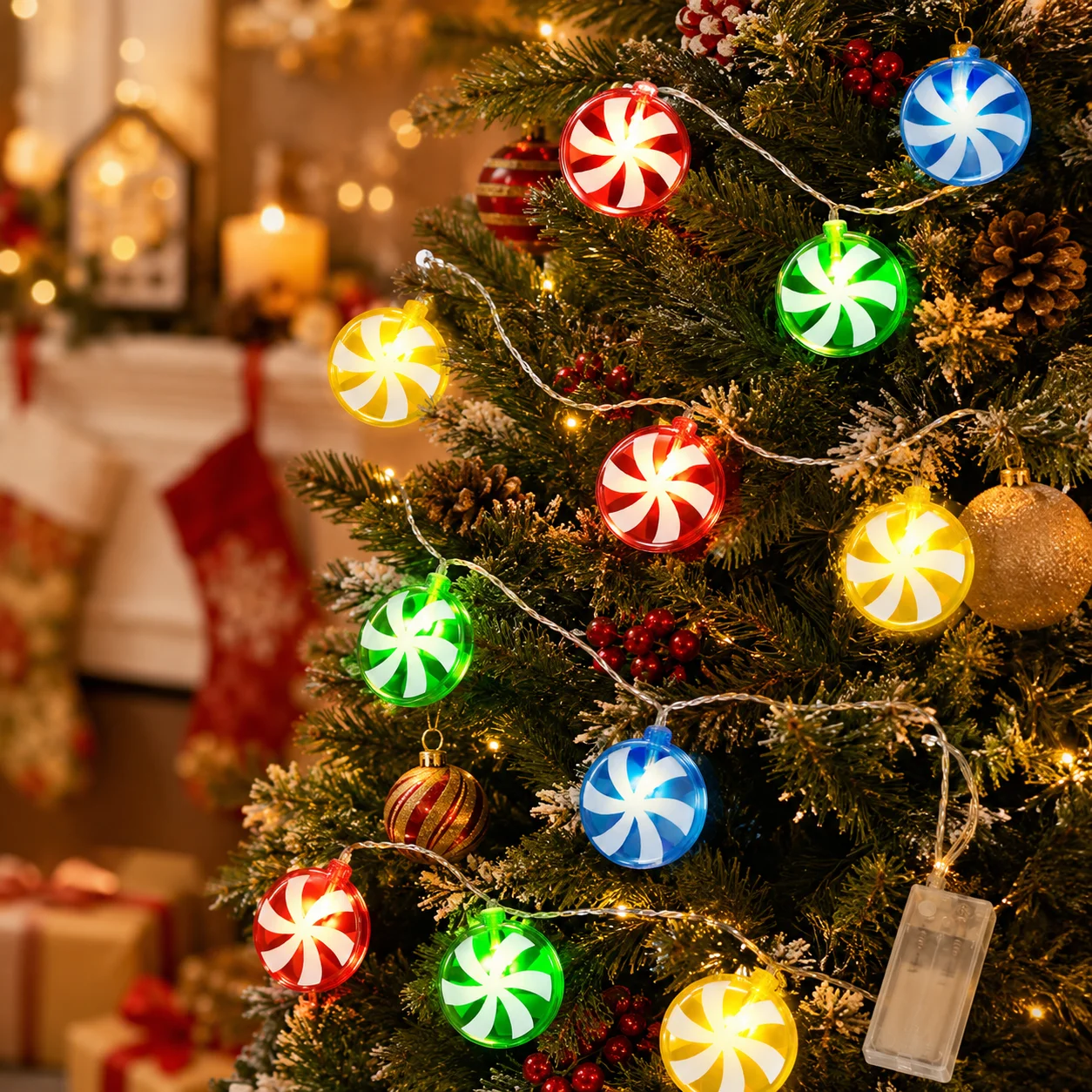 1PC 10/20LED Christmas Candy Ornament String Light Battery Powered Colorful Candy Bauble Fairy Lights for Xmas Tree Indoor Decor