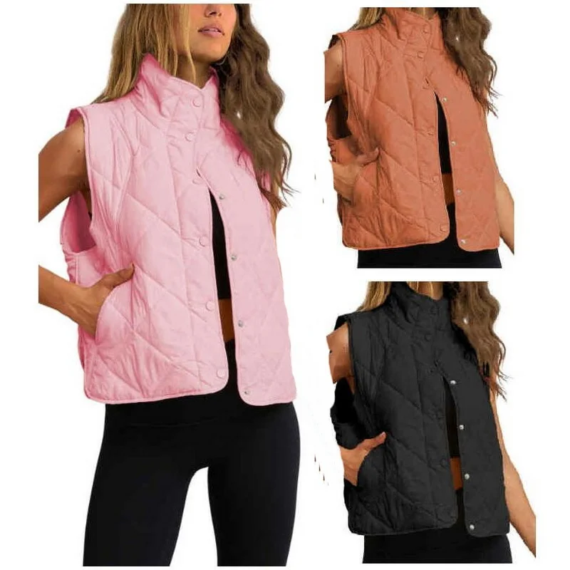 

Women's Quilted Sleeveless Jacket Autumn/Winter Thin Casual Standing Neck Button Coat With Pockets Waistcoat